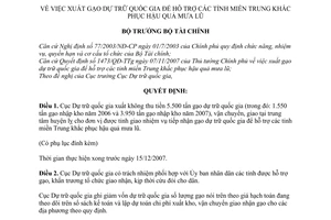 Quyết định 3559/QĐ-BTC xuất gạo dự trữ quốc gia hỗ trợ tỉnh miền trung khắc phục hậu quả mưa lũ