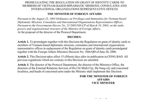 Decision No. 2771/2007/QD-BNG-LT of November 7, 2007,  promulgating the regulation on grant of identity cards to members of Vietnam-based diplomatic missions, consulates and international organizations representative offices