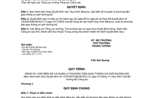 Quyết định 1370/2007/QĐ-BCA(C11) quy trình đăng ký, cấp biển số quản lý phương tiện giao thông cơ giới đường bộ