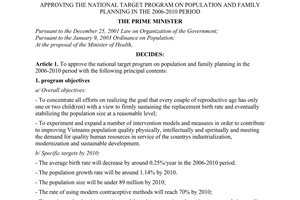 Decision No. 170/2007/QD-TTg of November 8, 2007, approving the national target program on population and family planning in the 2006-2010 period.