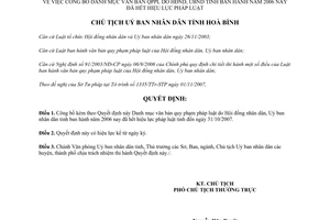 Quyết định 2707/QĐ-UBND năm 2007 công bố Danh mục văn bản tỉnh Hòa Bình hết hiệu lực