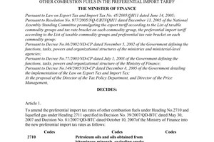 Decision No. 93/2007/QD-BTC of November 16, 2007 on adjustment of preferential import tax rates of liquefied gas and other combustion fuels in the preferential import tariff