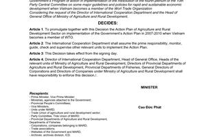 Decision No. 3165/QD-BNN-HTQT of November 16, 2007, on issuance of Action Plan of agriculture and Rural Development Sector in 2007-2010 on implementation of the Government’s Action Plan when Vietnam becomes a member of the World Trade Organization (WTO)