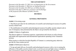 Decree No. 169/2007/ND-CP of November 19, 2007, on mobilization of scientific and technological resources for public security-related work.