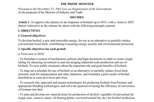 Decision No. 177/2007/QD-TTg of November 20, 2007, approving the scheme on development of biofuels up to 2015 with a vision to 2025