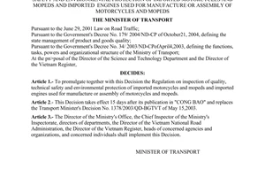 Decision No. 57/2007/QD-BGTVT of November 21, 2007 promulgating the regulation on inspection of quality, technical safety and environmental protection of imported motorcycles and mopeds and imported  engines used for manufacture or assembly of motorcycles and mopeds