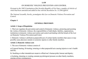 Law No. 02/2007/QH12 of November 21st, 2007, on domestic violence prevention and control.