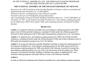 Resolution No. 11/2007/QH12 of November 21, 2007, on the National Assembly’s Law- and Ordinance-making programs for the XIIth tenure (2007-2011) and for 2008.