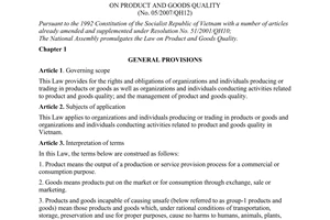 Law No. 05/2007/QH12 of November 21, 2007, on product and goods quality.