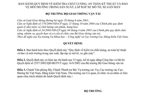 Quyết định 58/2007/QĐ-BGTVT Quy định kiểm tra chất lượng an toàn kỹ thuật bảo vệ môi trường trong sản xuất, lắp ráp xe mô tô gắn máy