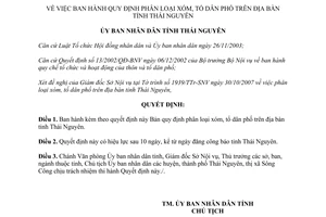 Quyết định 2633/2007/QĐ-UBND phân loại xóm tổ dân phố Thái Nguyên