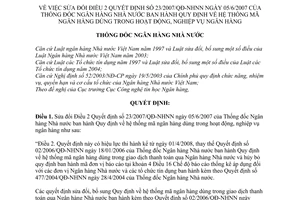 Quyết định 43/2007/QĐ-NHNN hệ thống mã ngân hàng hoạt động, nghiệp vụ ngân hàng sửa đổi Điều 2 Quyết định 23/2007/QĐ-NHNN