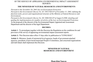 Decision No. 19/2007/QD-BTNMT of November 26, 2007, promulgating the regulation on the conditions for and provision of the service of appraising environmental impact assessment reports