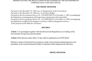 Decision No. 181/2007/QD-TTg of November 26, 2007, promulgating the regulation on re-lending of the governments foreign loan and aid capital.