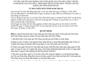 Quyết định 310/2007/QĐ-UBND chuyển Hạt kiểm lâm Vườn quốc gia Núi Chúa thuộc Vườn quốc gia Núi Chúa tỉnh Ninh Thuận sang Chi cục kiểm lâm