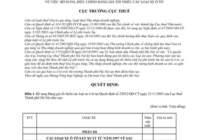 Quyết định 17497/QĐ-CT-THNVDT bổ sung bảng giá tối thiểu xe ô tô