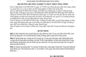 Quyết định 3766/QĐ-BNN-KHCN  Quy định tạm thời quy mô điểm trình diễn, mức hỗ trợ áp dụng mô hình khuyến nông