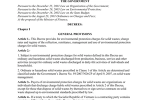 Decree of Government No. 174/2007/ND-CP of November 29, 2007 on environmental protection charges for solid wastes