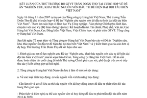 Thông báo 542/TB-BGTVT kết luận Thứ trưởng bộ GTVT Trần Doãn Thọ họp đề án nghiên cứu khai thác nguồn vốn đầu tư hiện đại đội tàu biển Việt Nam