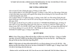 Quyết định 1621/QĐ-TTg cơ chế chính sách thí điểm đầu tư dự án đường ô tô cao tốc Hà Nội Hải Phòng