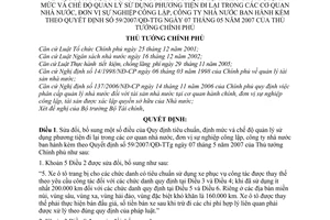 Quyết định 184/2007/QĐ-TTg  tiêu chuẩn, định mức chế độ quản lý sử dụng phương tiện đi lại cơ quan nhà nước, đơn vị sự nghiệp sửa đổi 59/2007/QĐ-TTg