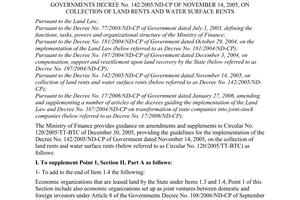 Circular No. 141/2007/TT-BTC of November 30, 2007, guiding amendments and supplements to Circular No. 120/2005/TT-BTC of December 30, 2005, which guides the implementation of the Governments Decree No. 142/2005/ND-CP of November 14, 2005, on collection of land rents and water surface rents.