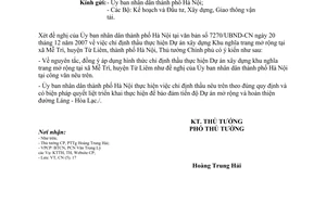 Công văn  2015/TTg-CN chỉ định thầu thực hiện Dự án xây dựng Khu nghĩa trang mở rộng  xã Mễ Trì, huyện Từ Liêm, Hà Nội