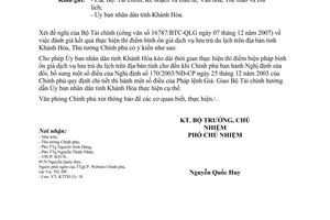 Công văn  7483/VPCP-KTTH  thí điểm bình ổn giá dịch vụ lưu trú du lịch trên địa bàn tỉnh Khánh Hòa