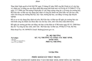 Công văn 13253/BGDĐT-HSSV báo cáo công tác khám sức khoẻ đầu vào cho học sinh, sinh viên