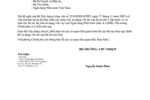 Công văn 7065/VPCP-QHQT  gia hạn dự án để thực hiện các công việc sử dụng vốn dư của dự án thứ 3 cấp nước và vệ sinh thị xã, thị trấn