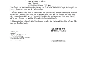Công văn  1906/TTg-QHQT điều chỉnh và gia hạn thời gian thực hiện Dự án Phát triển giao thông vận tải do WB tài trợ