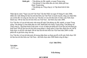 Công văn  1061/VTLTNN-TTNC  đề cử bình chọn 100 tài liệu lưu trữ tiêu biểu của Việt Nam  2008