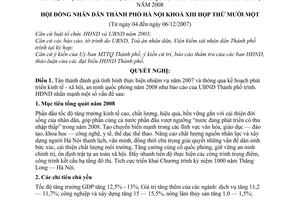 Nghị quyết 05/2007/NQ-HĐND nhiệm vụ kinh tế - xã hội, an ninh quốc phòng của thành phố Hà Nội năm 2008