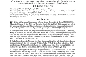 Quyết định 188/2007/QĐ-TTg chế độ đối tượng trực tiếp tham gia kháng chiến chống Mỹ cứu nước chưa được hưởng chính sách sửa đổi 290/2005/QĐ-TTg