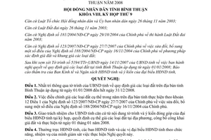 Nghị quyết 64/2007/NQ-HĐND thông qua quy định giá các loại đất Bình Thuận 2008