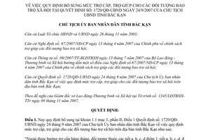 Quyết định 2429/QĐ-UBND 2007 bổ sung mức trợ cấp trợ giúp bảo trợ xã hội Bắc Kạn