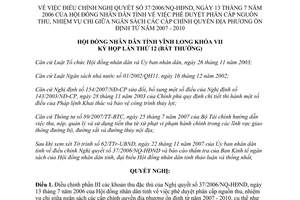 Nghị quyết 62/2007/NQ-HĐND điều chỉnh 37/2006/NQ-HĐND phân cấp nguồn thu nhiệm vụ chi Vĩnh Long