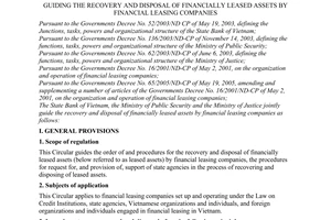 Joint Circular No. 08/2007/TTLT-NHNN-BCA-BTP of December 10, 2007, guiding the recovery and disposal of financially leased assets by financial leasing companies.