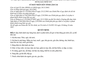 Quyết định 76/2007/QĐ-UBND quy định danh mục hàng hoá, dịch vụ phải niêm yết giá bán đúng giá tỉnh Lào Cai