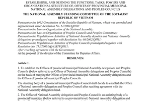 Resolution No. 545/2007/UBTVQH12 of December 11, 2007, establishing, and defining the functions, tasks, powers and organizational structure of, offices of provincial/municipal National Assembly Delegations And People’s Councils.