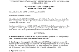Nghị quyết 187/2007/NQ-HĐND định mức chi đầu tư phát triển thuộc ngân sách 2008-2010 Hưng Yên