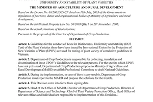 Decision No. 3957/QD-BNN-TT on using of the guidelines for the conduct of tests