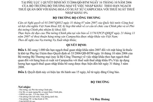Quyết định 10/2007/QĐ-BCT bổ sung tổng lượng hạn ngạch thuế quan lá thuốc lá khô tại Phụ lục 1 33/2006/QĐ-BTM nhập khẩu hàng hoá xuất xứ Campuchia