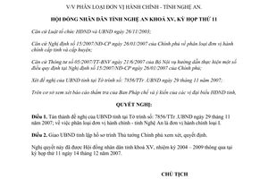 Nghị quyết 214/2007/NQ-HĐND phân loại đơn vị hành chính Nghệ An