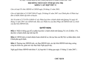 Nghị quyết 35/2007/NQ-HĐND thông qua hồ sơ phân loại đơn vị hành chính cấp tỉnh Quảng Trị