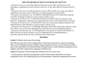 Decision No. 45/2007/QD-NHNN of December 17, 2007, on the confidentiality of each type of document, materials containing state secret in banking area