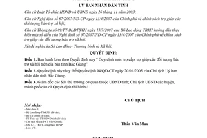 Quyết định 96/QĐ-UBND năm 2007 về Quy định mức trợ cấp, trợ giúp đối tượng bảo t