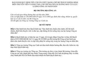 Quyết định 1612/2007/QĐ-BCA tiêu chuẩn chức danh, chế độ trách nhiệm, định biên thuyền viên đào tạo, cấp chứng chỉ lái xuồng máy công an nhân dân