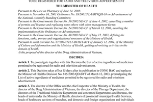 Decision No. 45/2007/QD-BYT of December 18, 2007, promulgating the list of active ingredients of medicines permitted to be registered for radio and television advertisement.