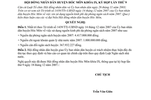 Nghị quyết 22/2007/NQ-HĐND sử dụng nguồn kinh phí dự phòng huyện Hóc Môn